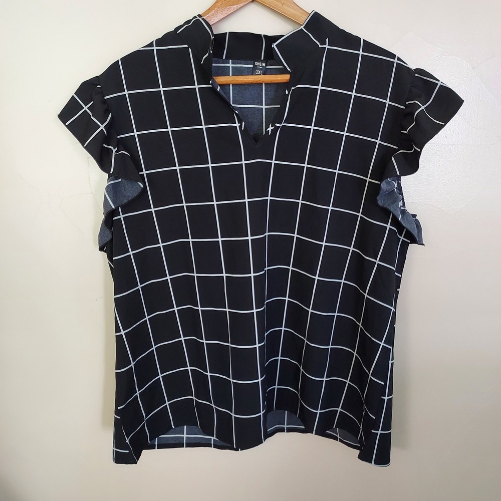 1XL Black White Grid Ruffle Sleeve Blouse Top Windowpane Dark Academia Siren